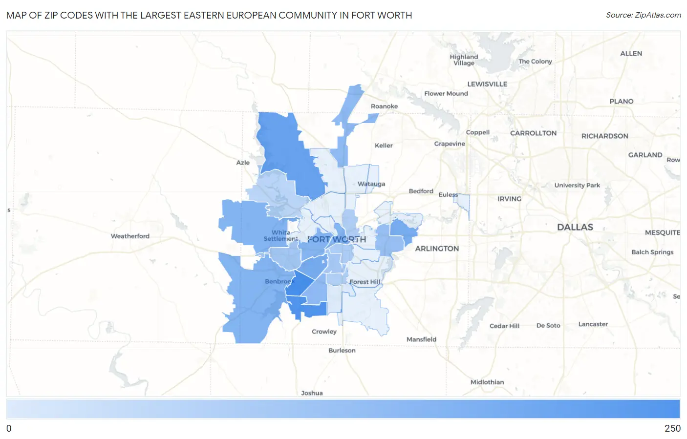 Zip Codes with the Largest Eastern European Community in Fort Worth Map