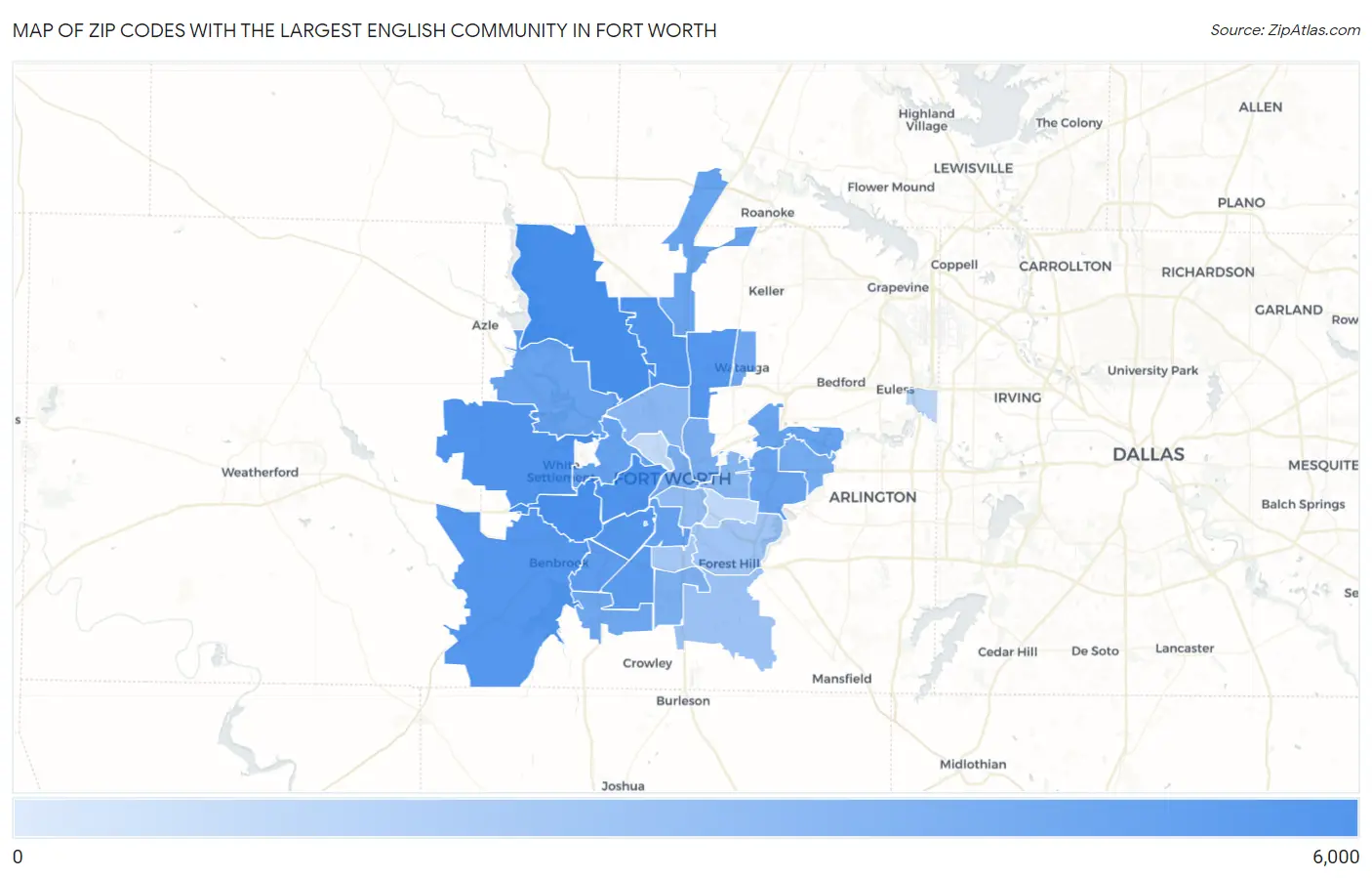 Zip Codes with the Largest English Community in Fort Worth Map