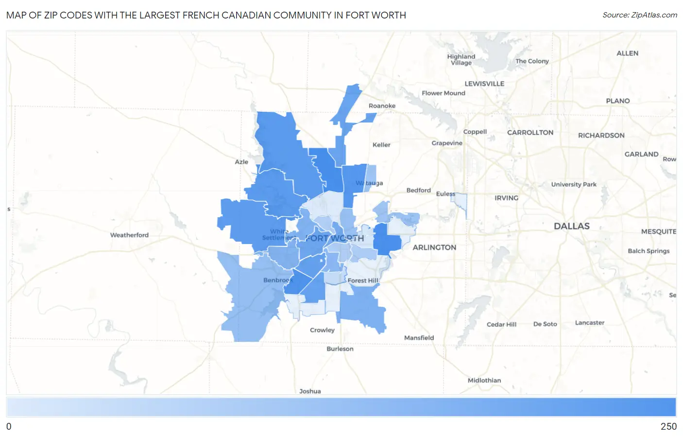 Zip Codes with the Largest French Canadian Community in Fort Worth Map