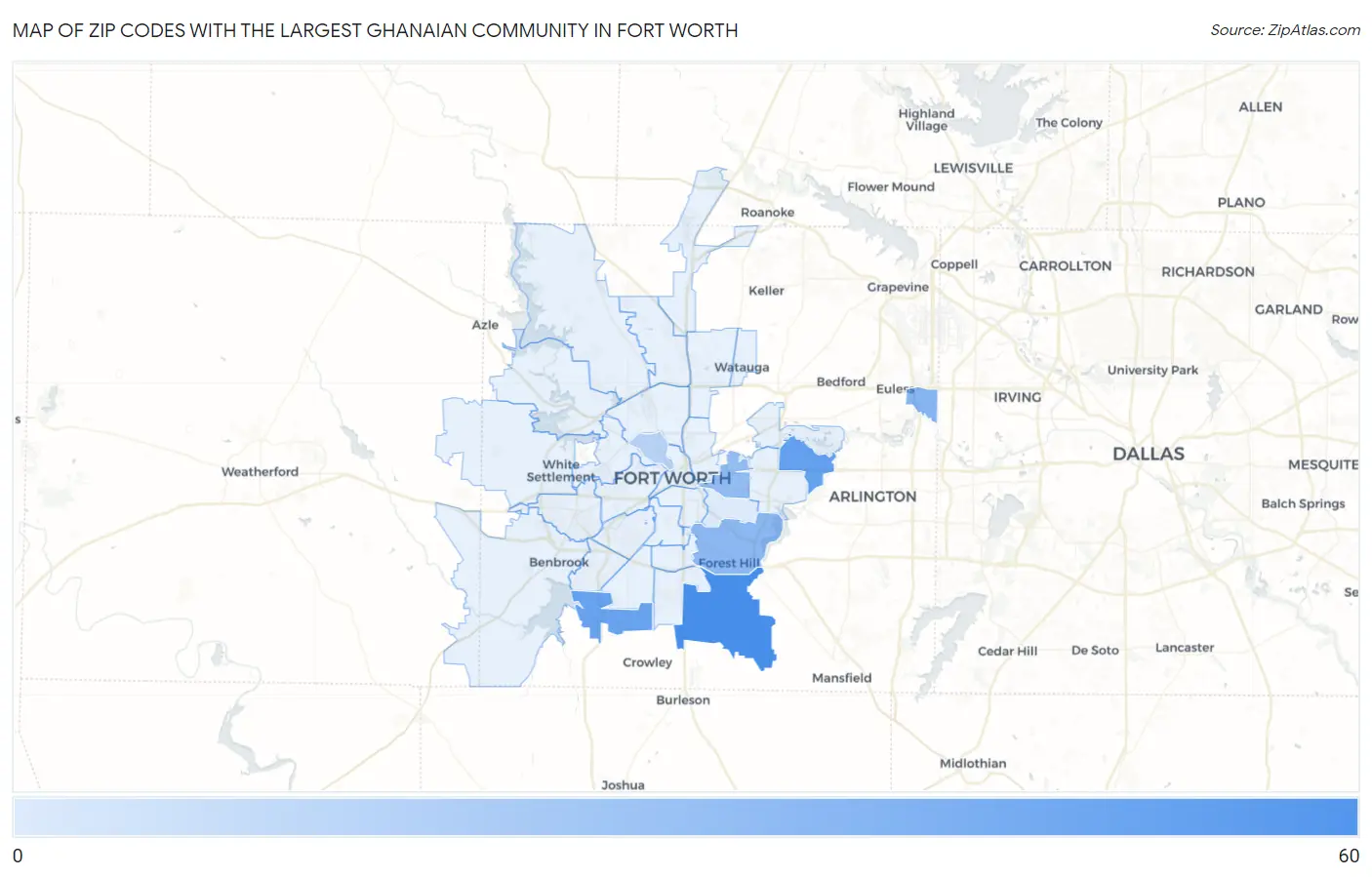 Zip Codes with the Largest Ghanaian Community in Fort Worth Map