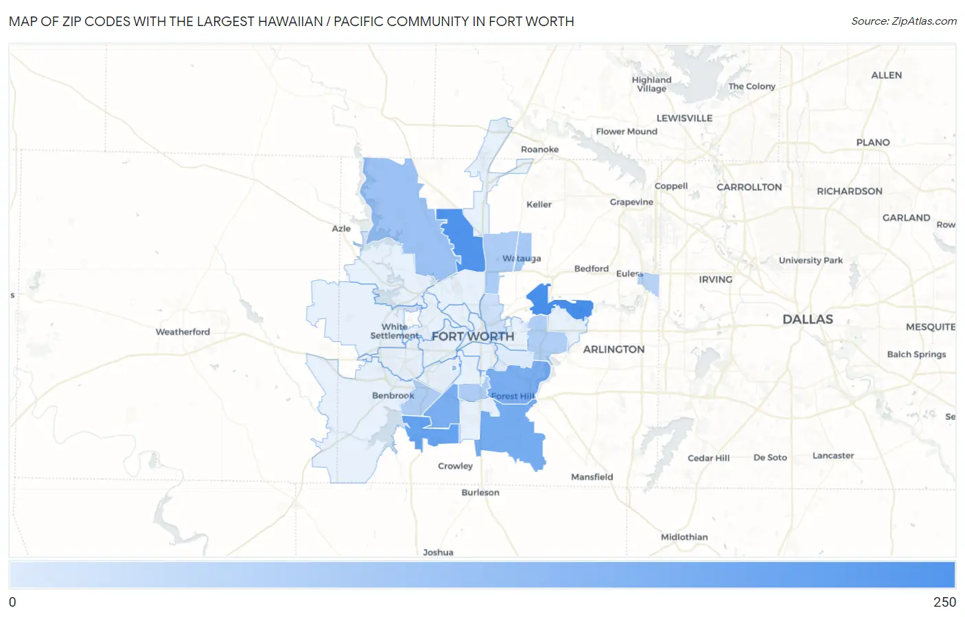 Zip Codes with the Largest Hawaiian / Pacific Community in Fort Worth Map