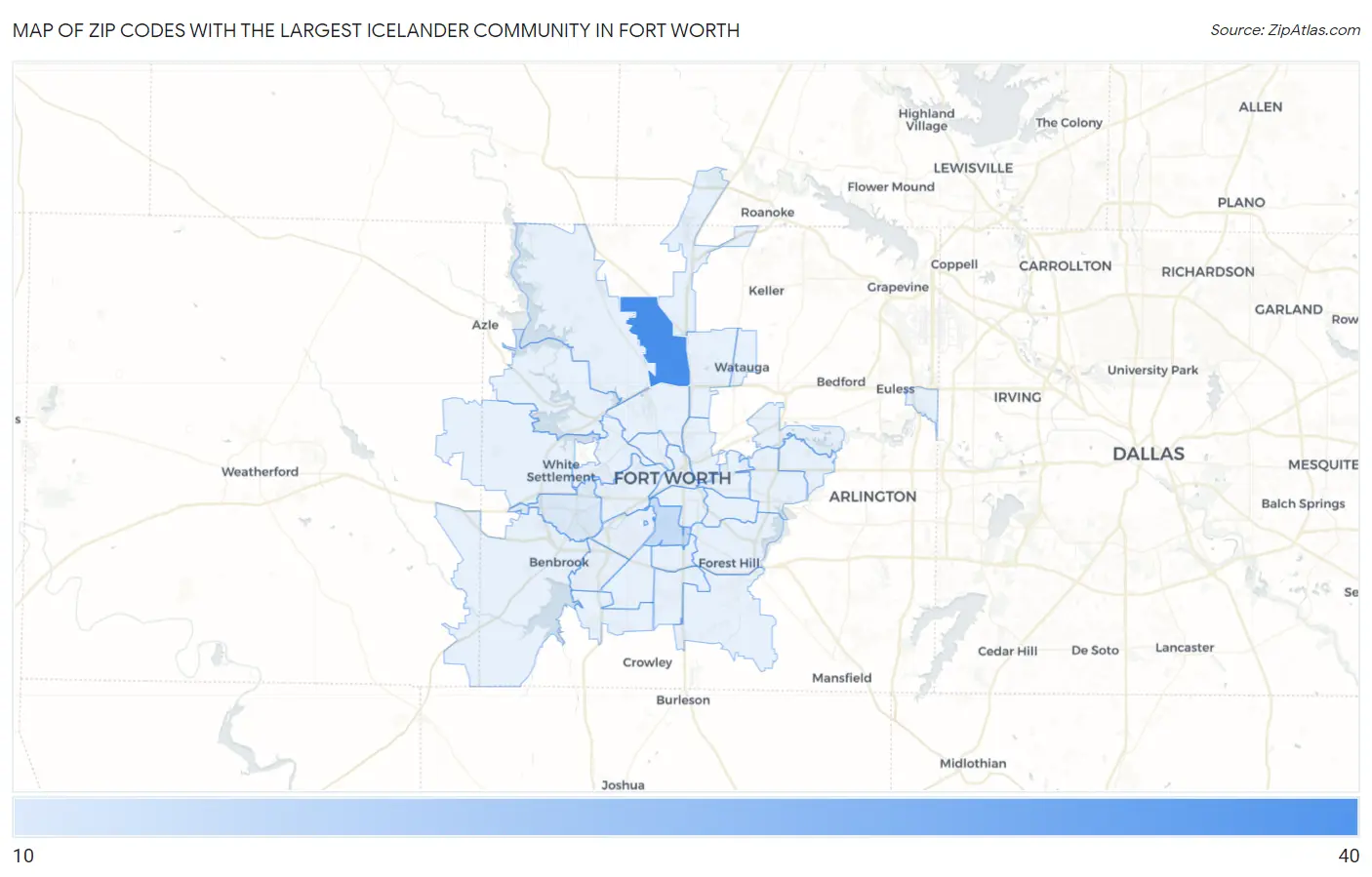 Zip Codes with the Largest Icelander Community in Fort Worth Map