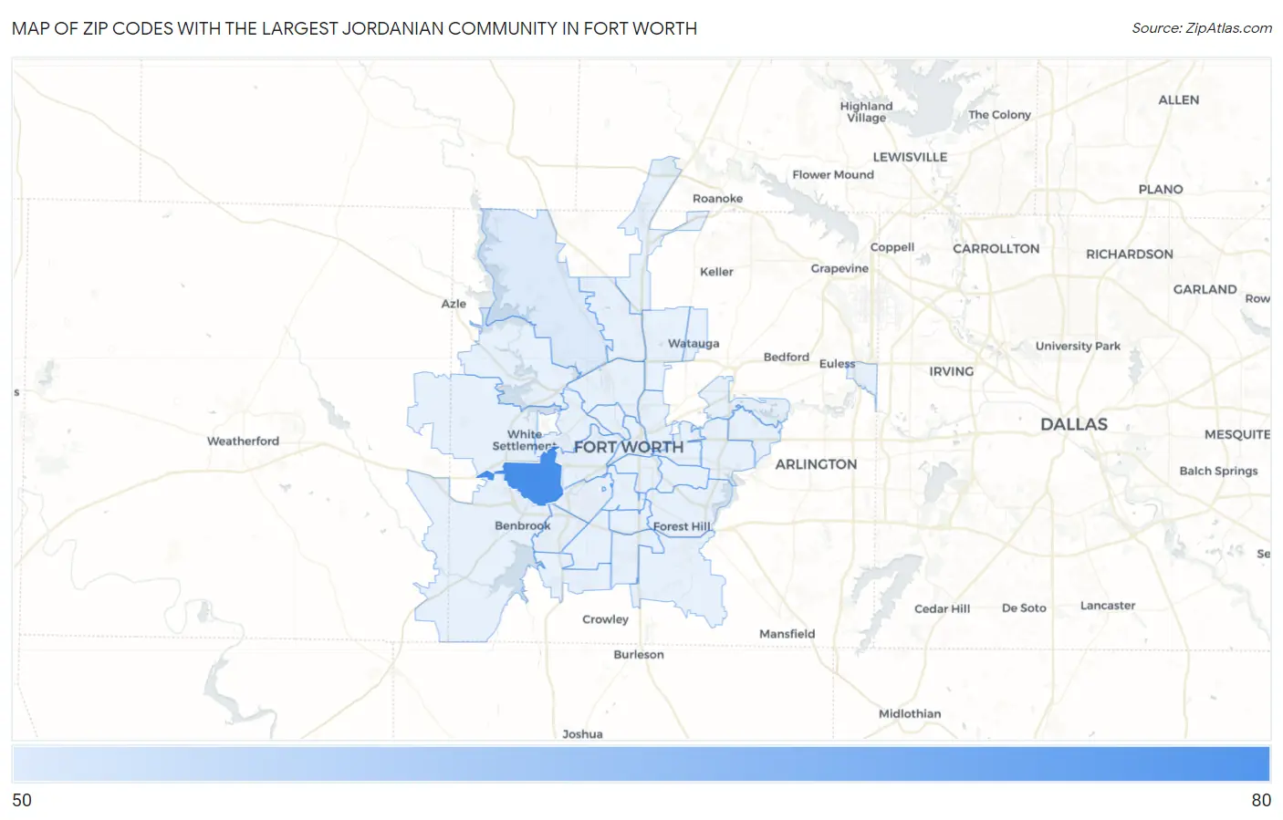 Zip Codes with the Largest Jordanian Community in Fort Worth Map
