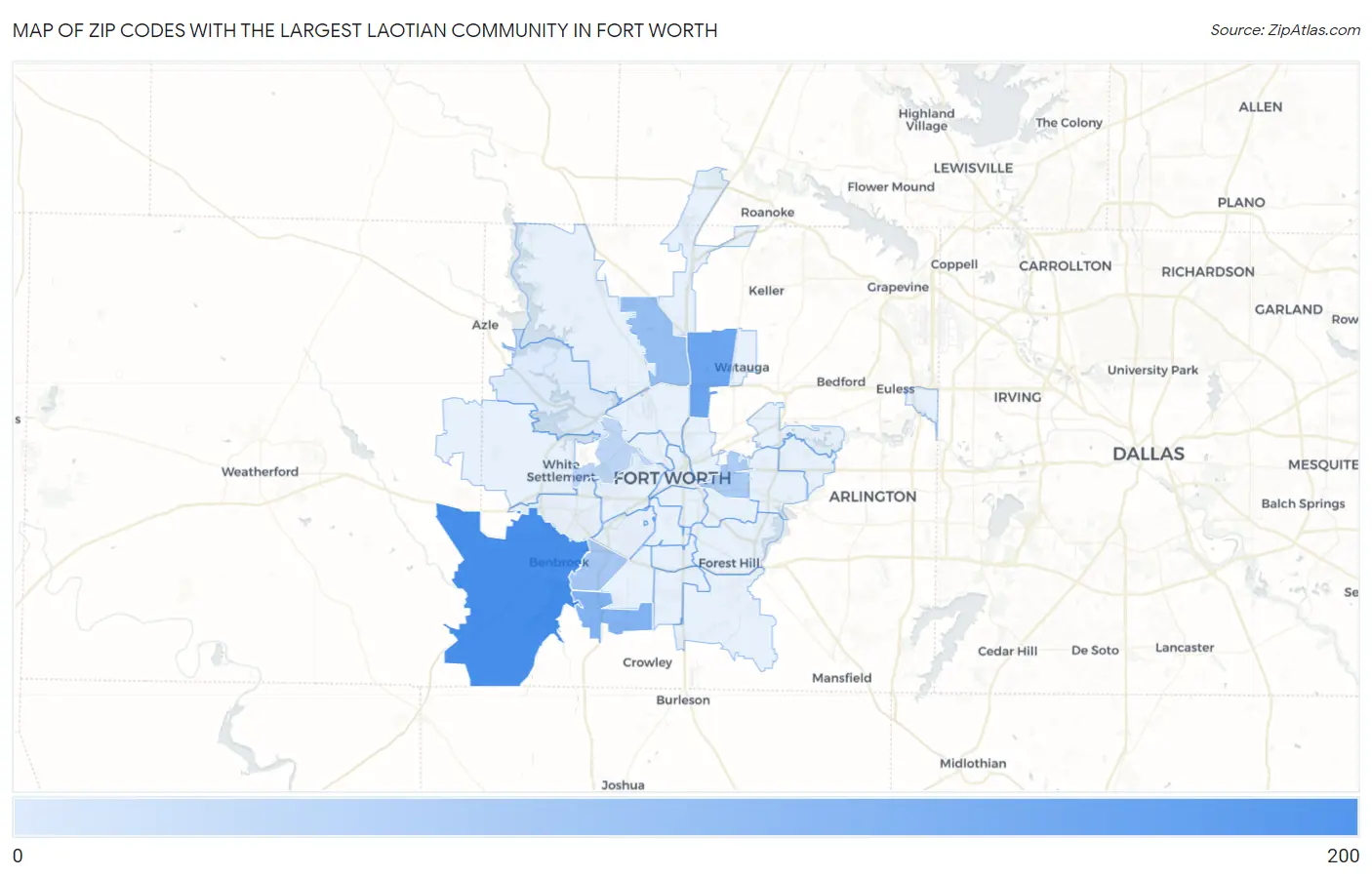 Zip Codes with the Largest Laotian Community in Fort Worth Map