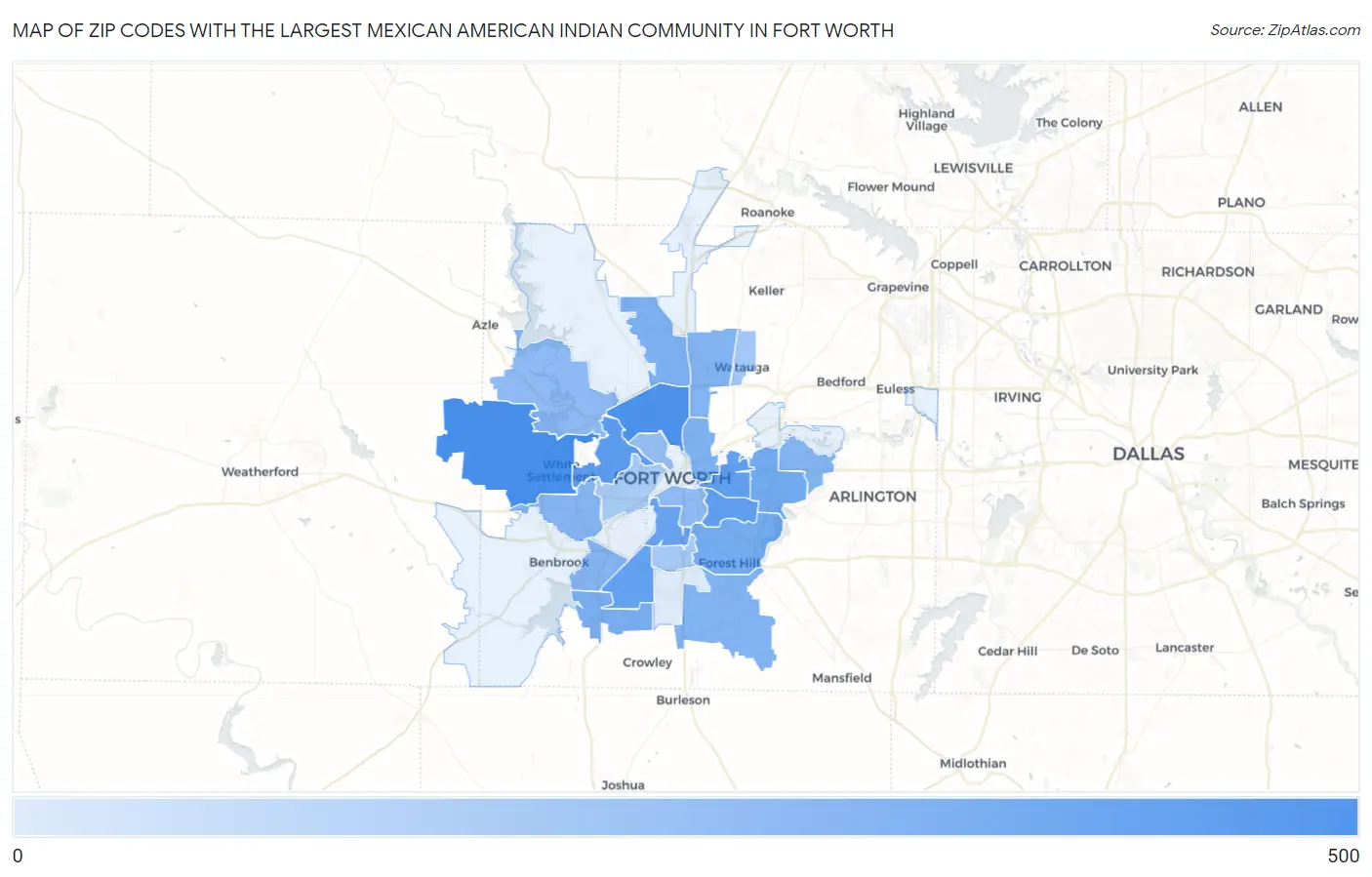 Zip Codes with the Largest Mexican American Indian Community in Fort Worth Map