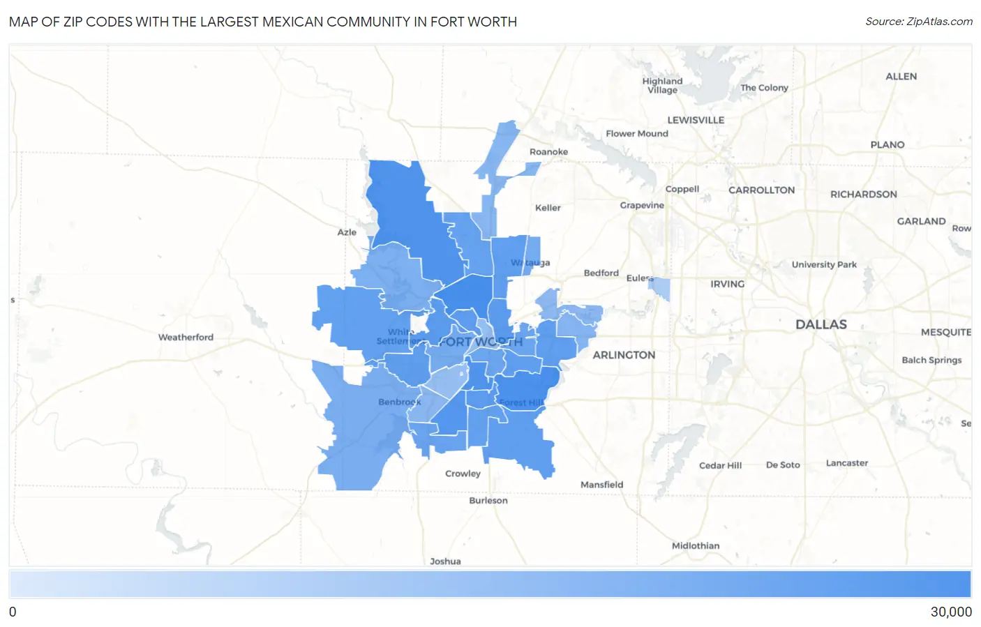 Zip Codes with the Largest Mexican Community in Fort Worth Map