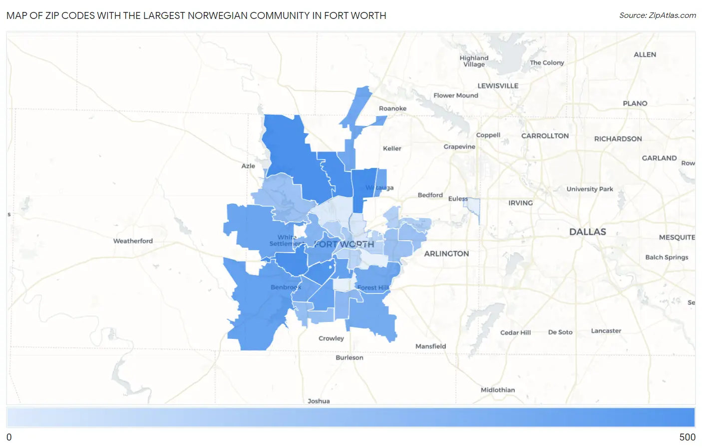 Zip Codes with the Largest Norwegian Community in Fort Worth Map