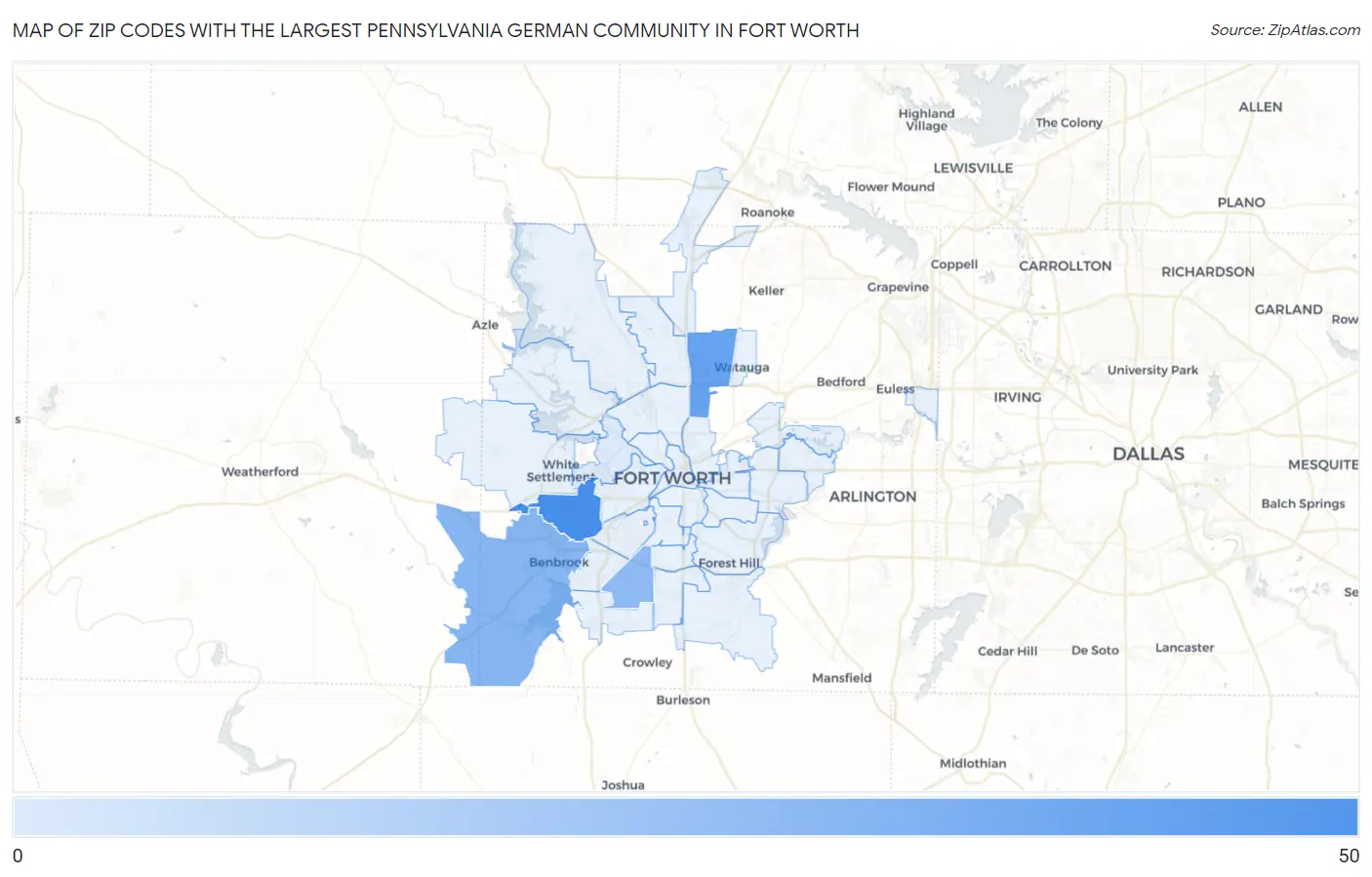 Zip Codes with the Largest Pennsylvania German Community in Fort Worth Map
