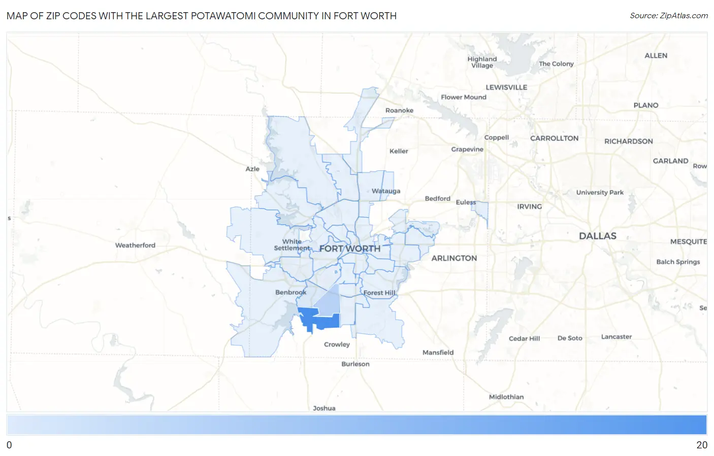 Zip Codes with the Largest Potawatomi Community in Fort Worth Map