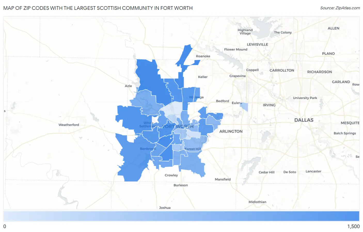 Zip Codes with the Largest Scottish Community in Fort Worth Map