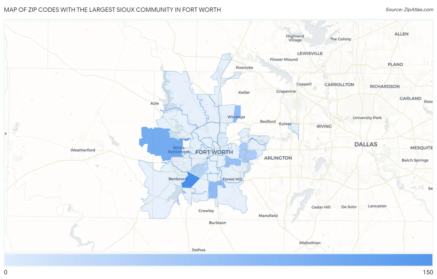 Zip Codes with the Largest Sioux Community in Fort Worth Map
