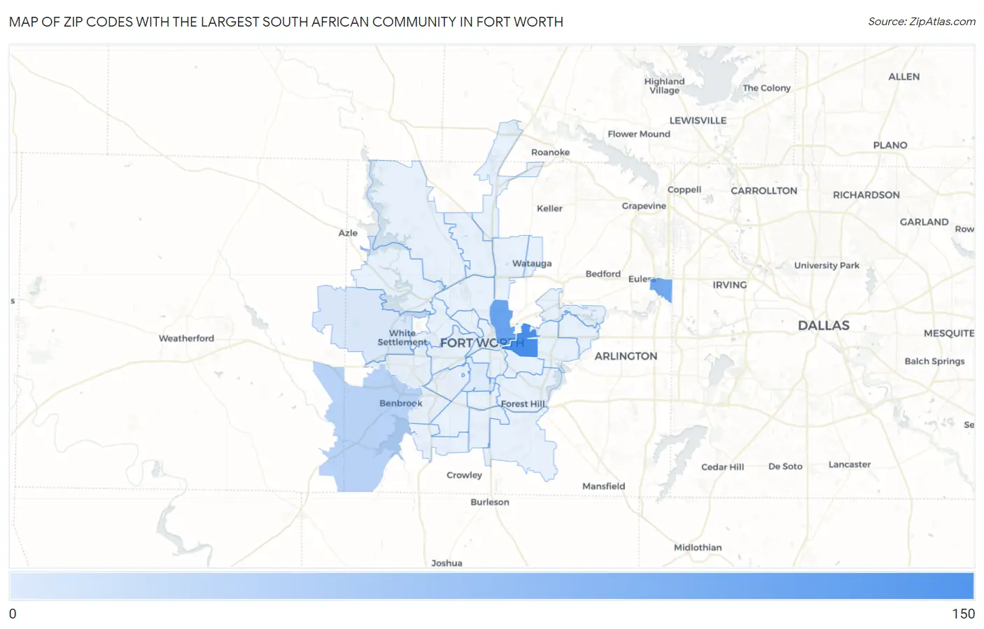 Zip Codes with the Largest South African Community in Fort Worth Map