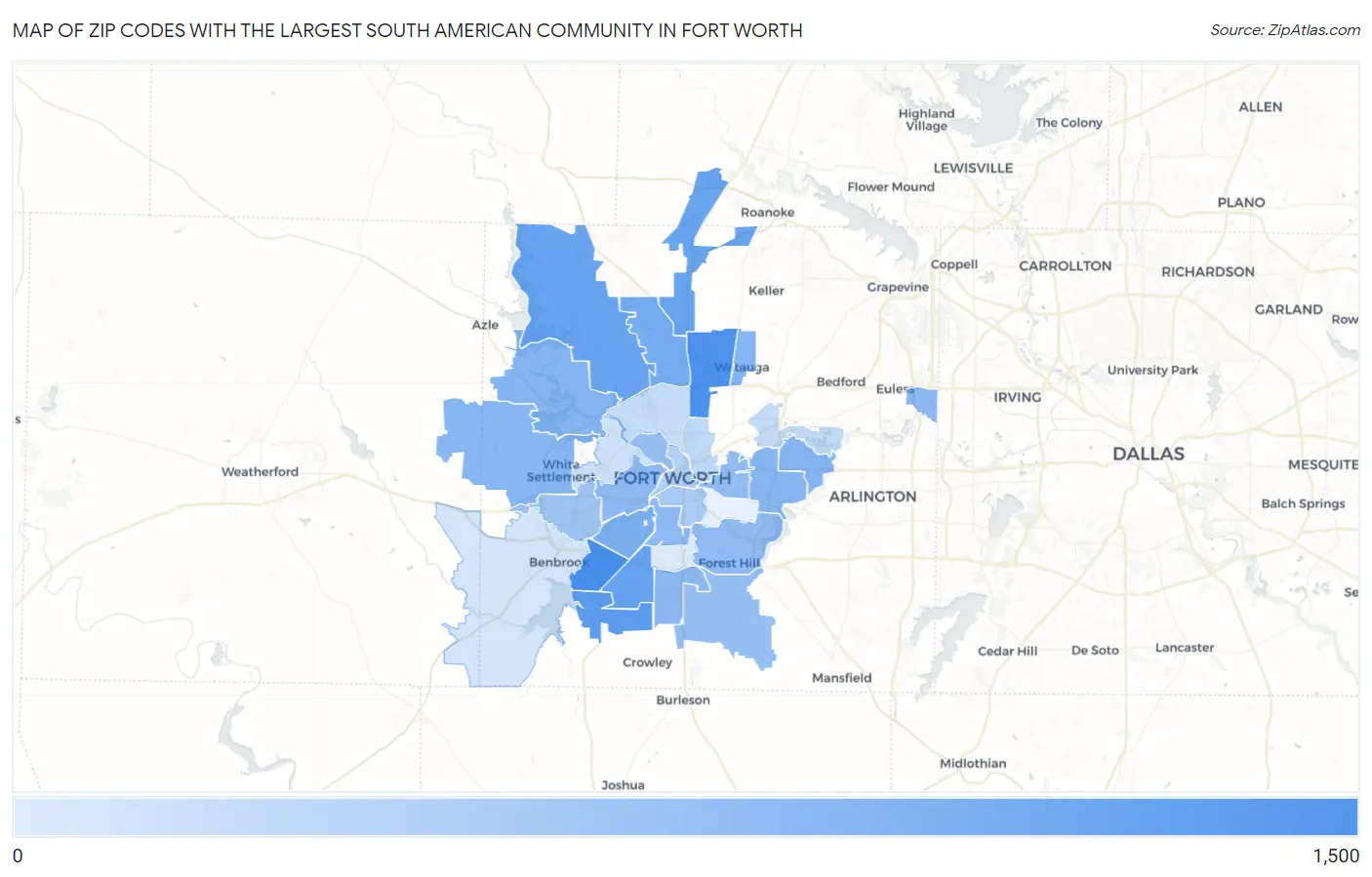 Zip Codes with the Largest South American Community in Fort Worth Map