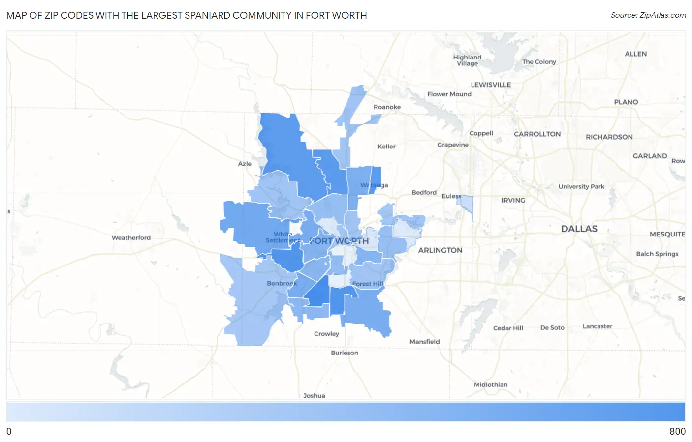 Zip Codes with the Largest Spaniard Community in Fort Worth Map