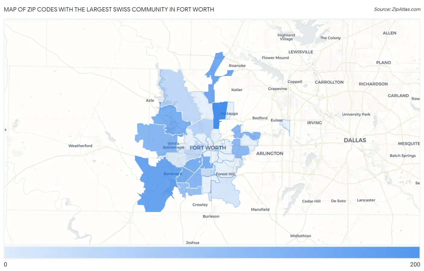 Zip Codes with the Largest Swiss Community in Fort Worth Map
