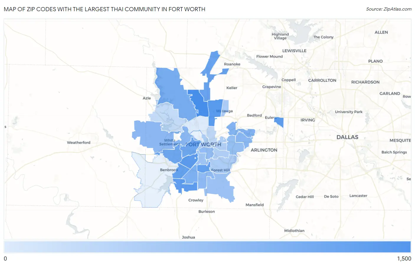 Zip Codes with the Largest Thai Community in Fort Worth Map