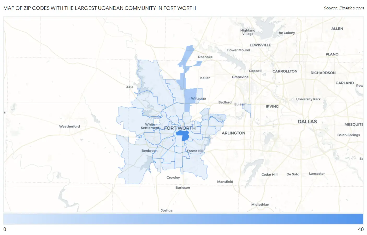 Zip Codes with the Largest Ugandan Community in Fort Worth Map