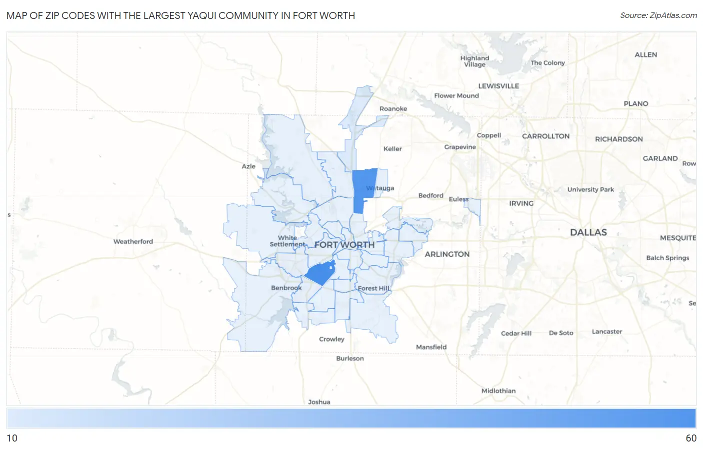 Zip Codes with the Largest Yaqui Community in Fort Worth Map