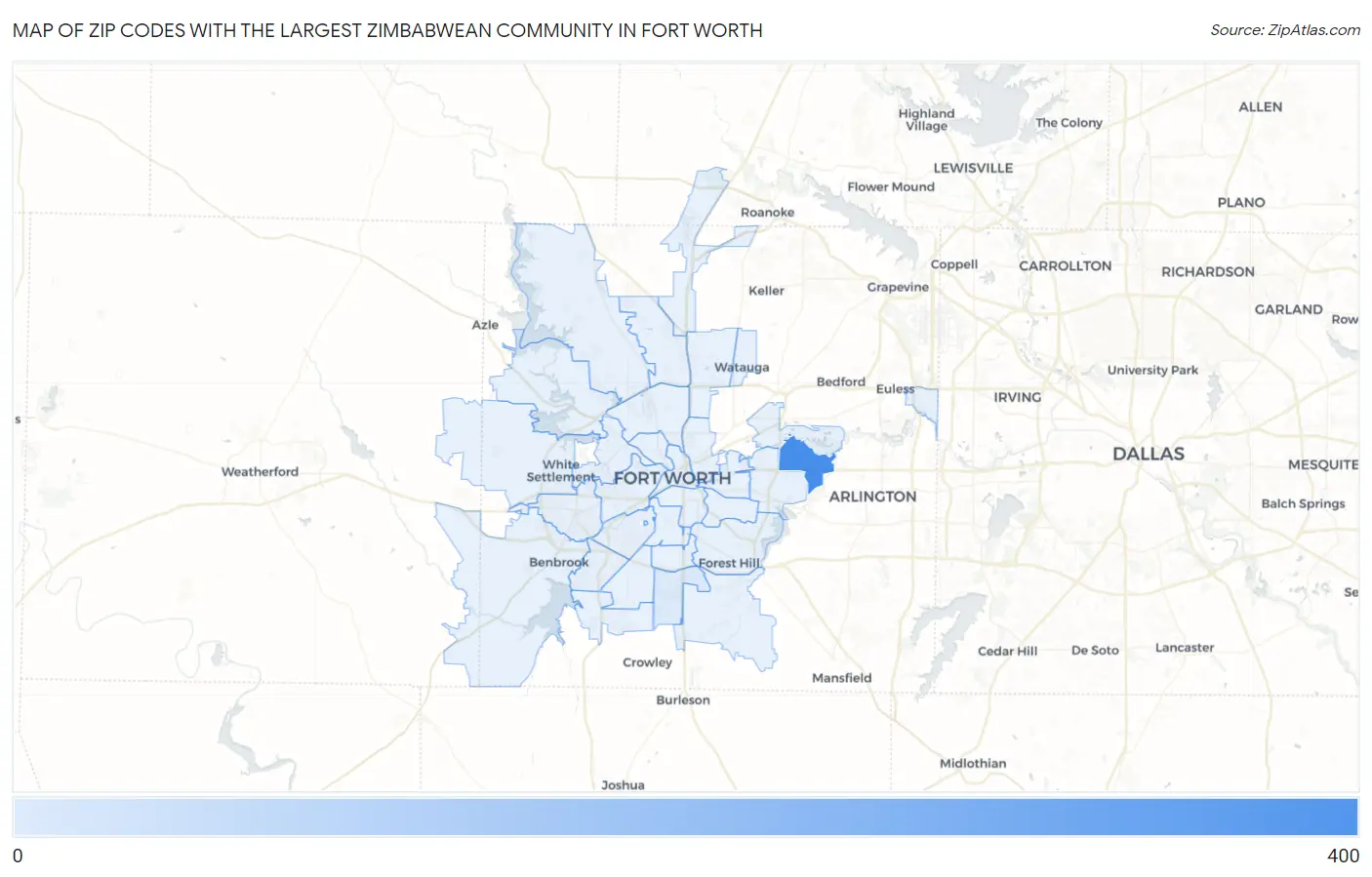 Zip Codes with the Largest Zimbabwean Community in Fort Worth Map