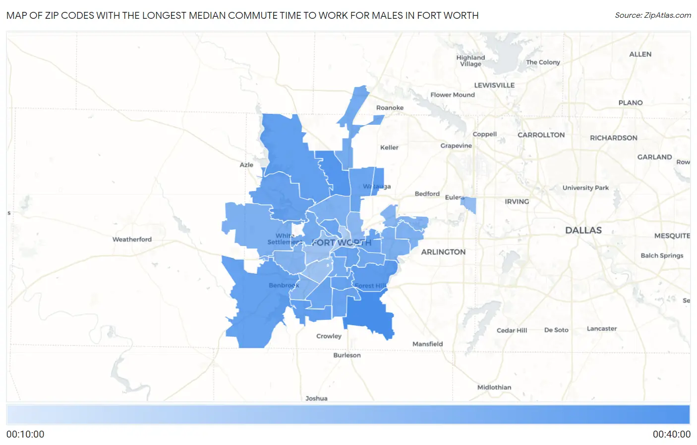 Zip Codes with the Longest Median Commute Time to Work for Males in Fort Worth Map
