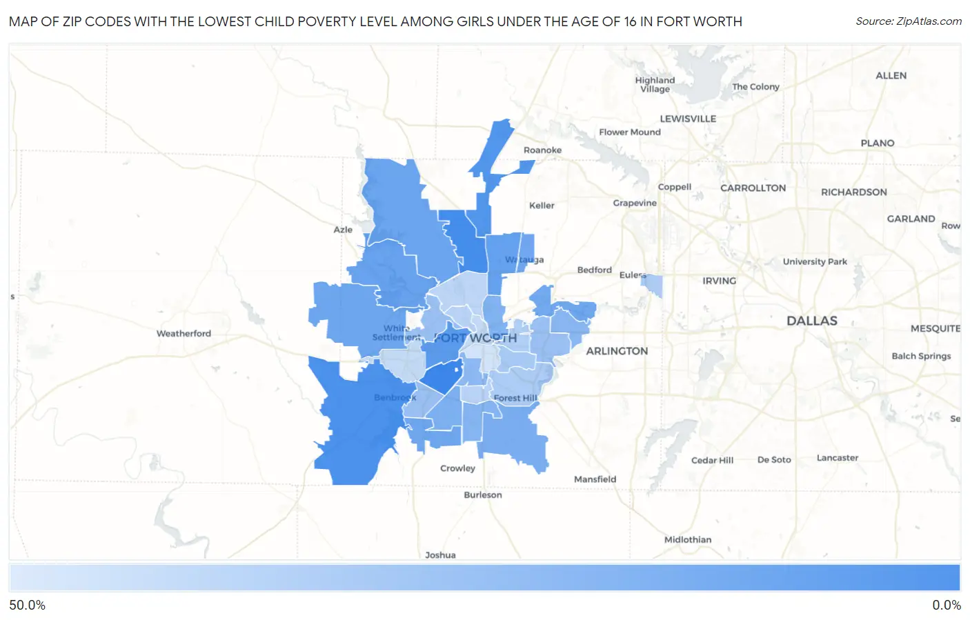 Zip Codes with the Lowest Child Poverty Level Among Girls Under the Age of 16 in Fort Worth Map