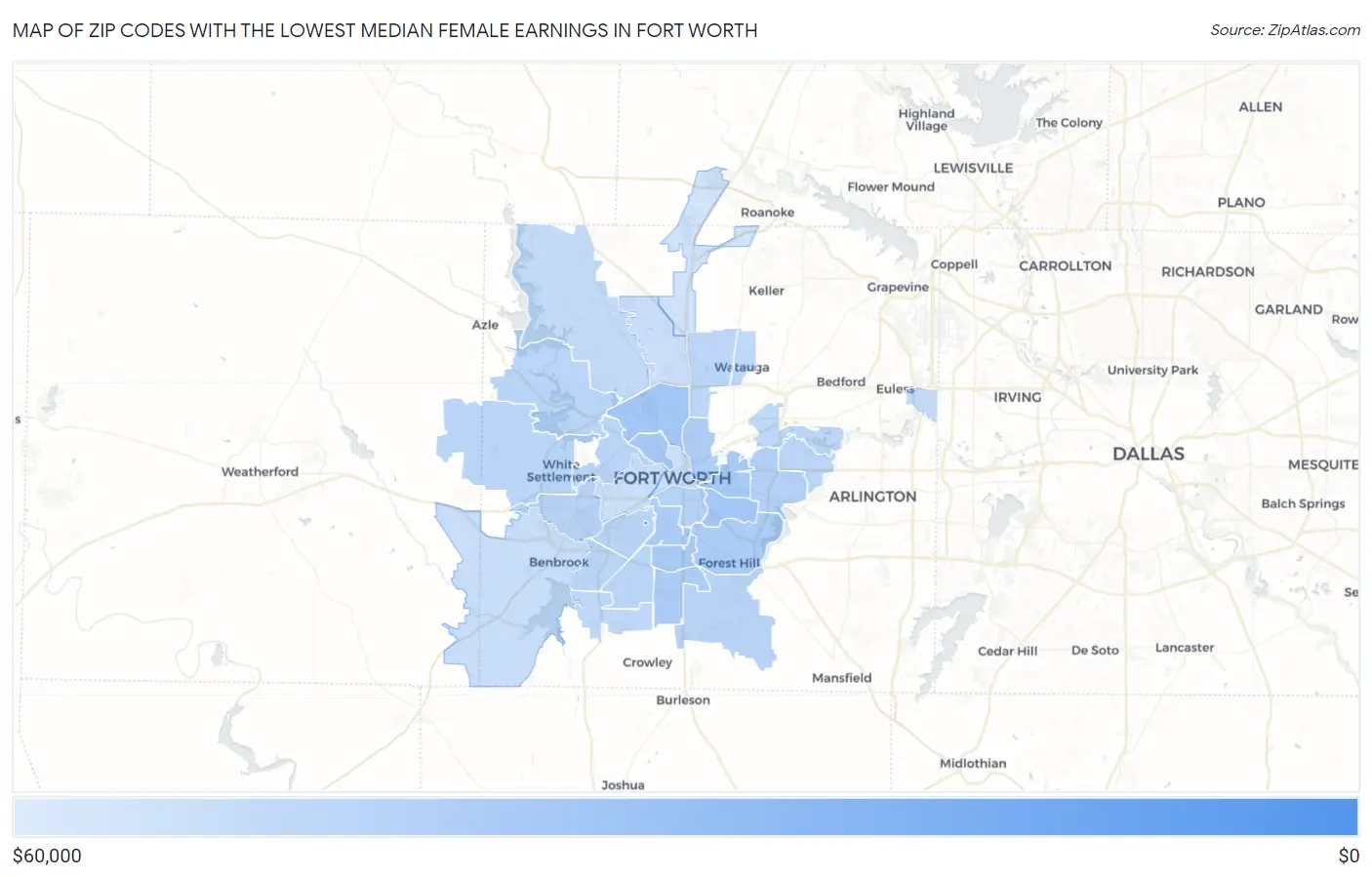 Zip Codes with the Lowest Median Female Earnings in Fort Worth Map