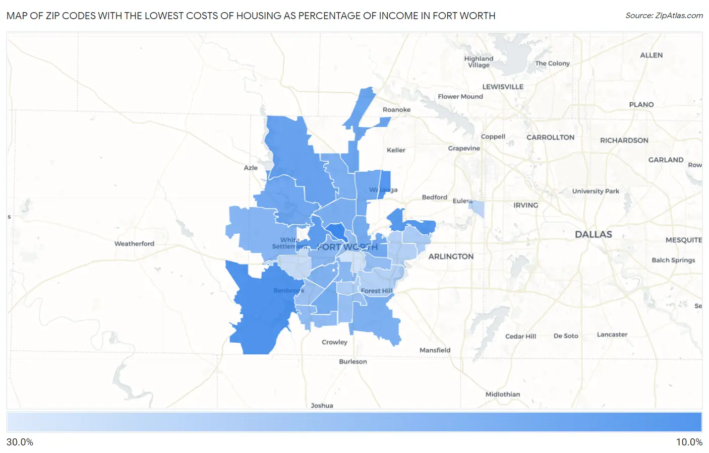 Zip Codes with the Lowest Costs of Housing as Percentage of Income in Fort Worth Map