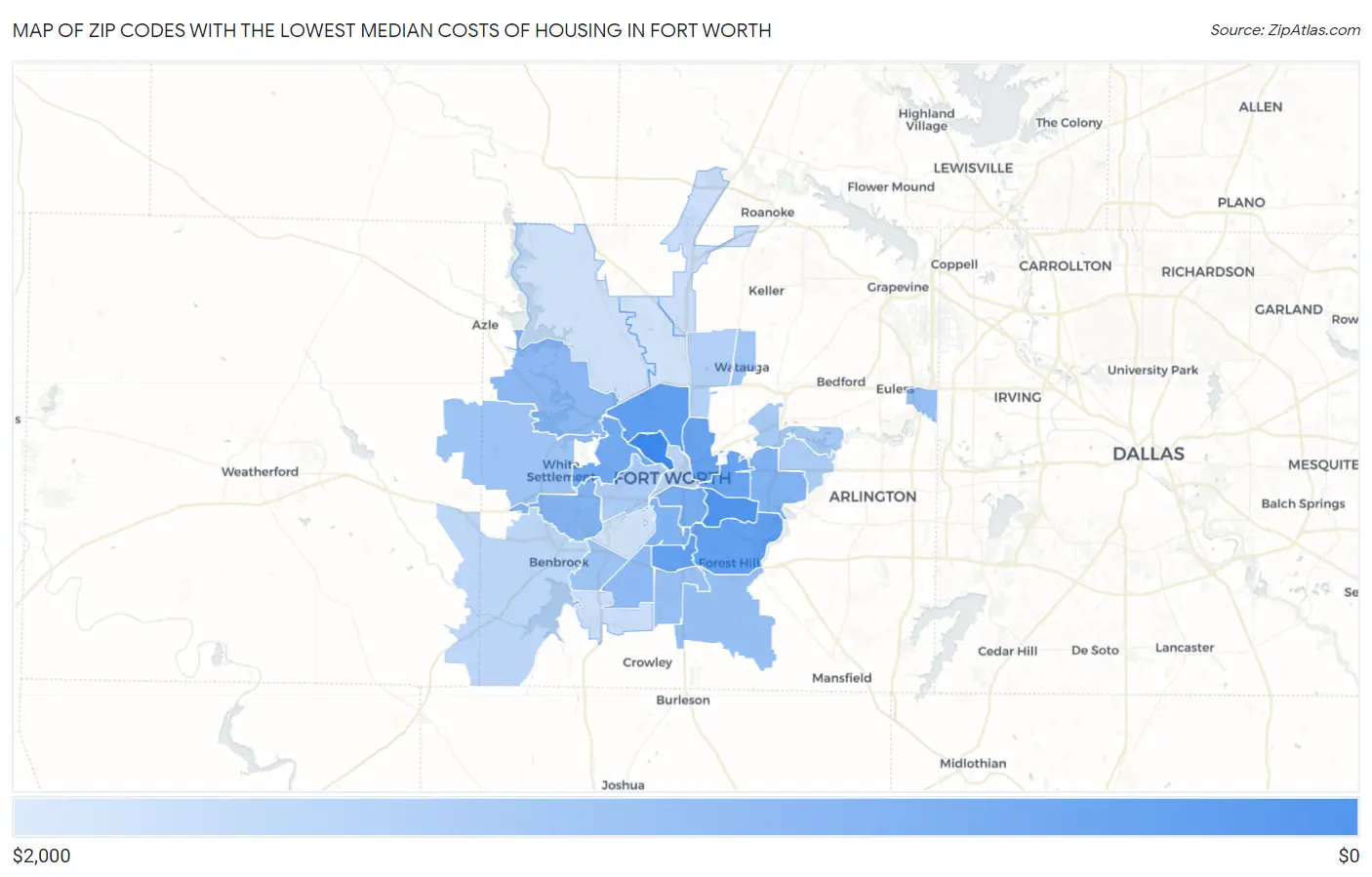 Zip Codes with the Lowest Median Costs of Housing in Fort Worth Map