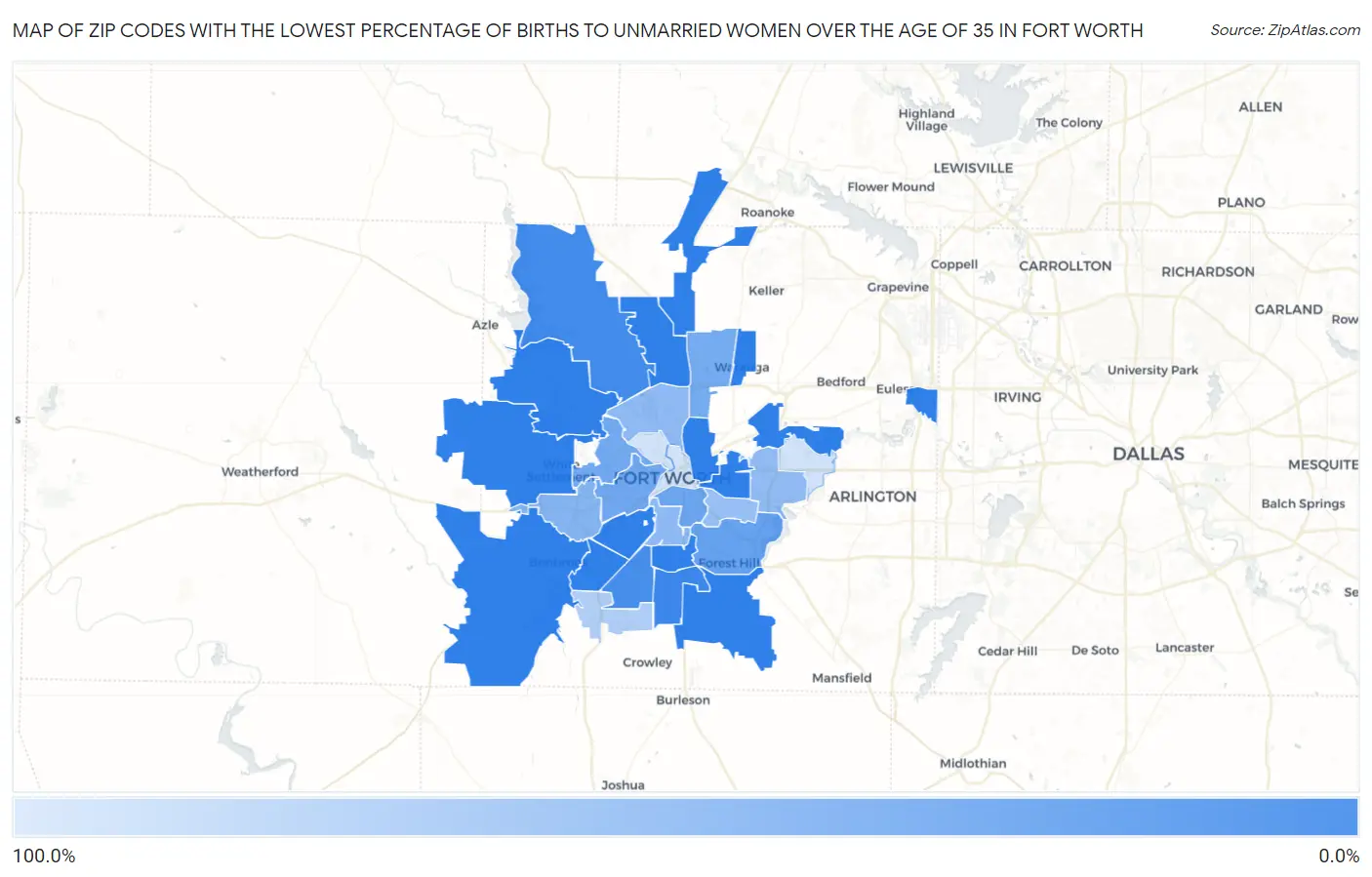 Zip Codes with the Lowest Percentage of Births to Unmarried Women over the Age of 35 in Fort Worth Map