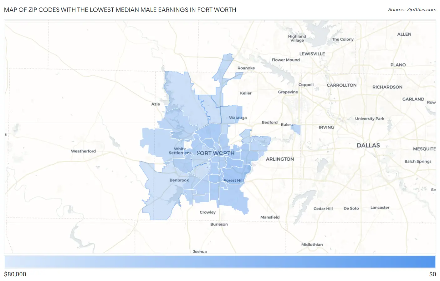 Zip Codes with the Lowest Median Male Earnings in Fort Worth Map