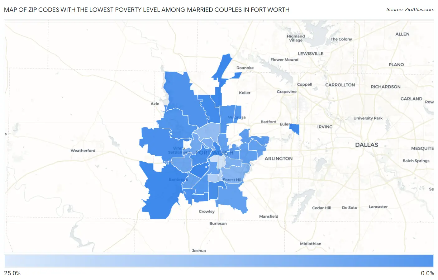 Zip Codes with the Lowest Poverty Level Among Married Couples in Fort Worth Map