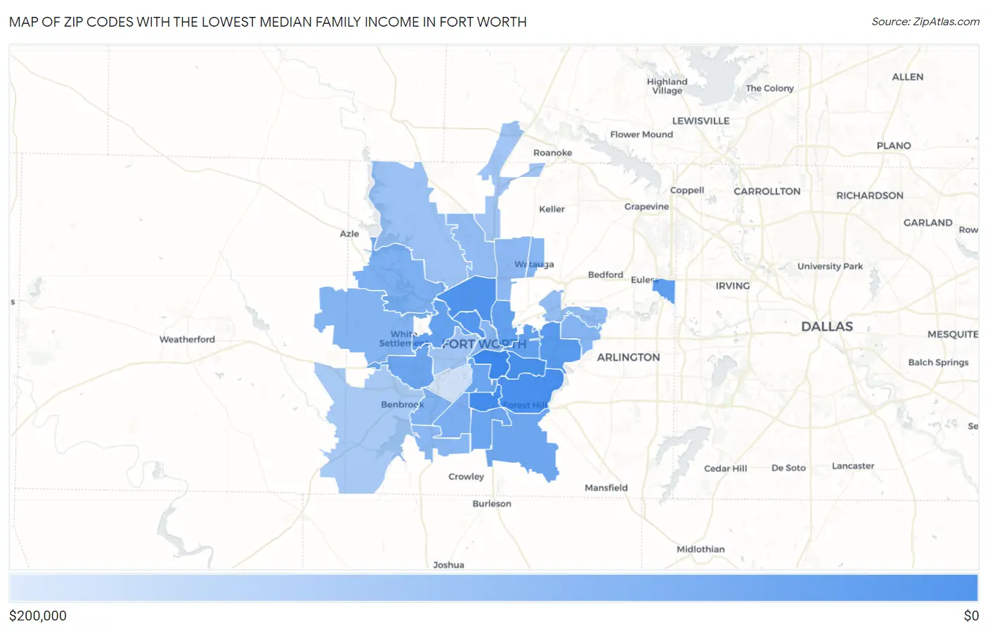 Zip Codes with the Lowest Median Family Income in Fort Worth Map