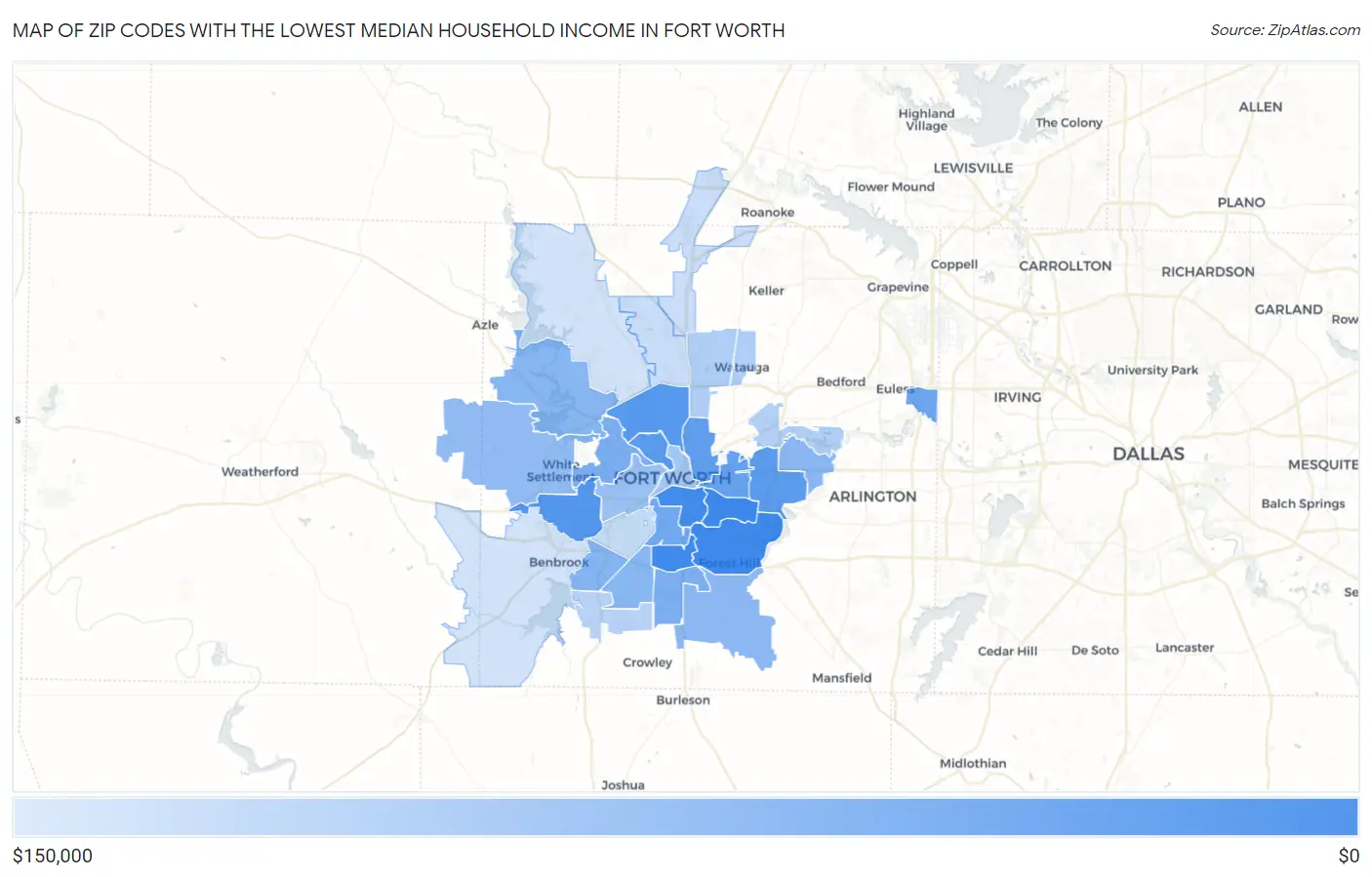 Zip Codes with the Lowest Median Household Income in Fort Worth Map