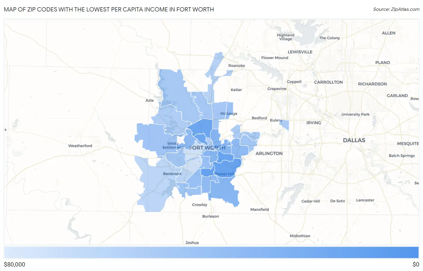 Zip Codes with the Lowest Per Capita Income in Fort Worth Map
