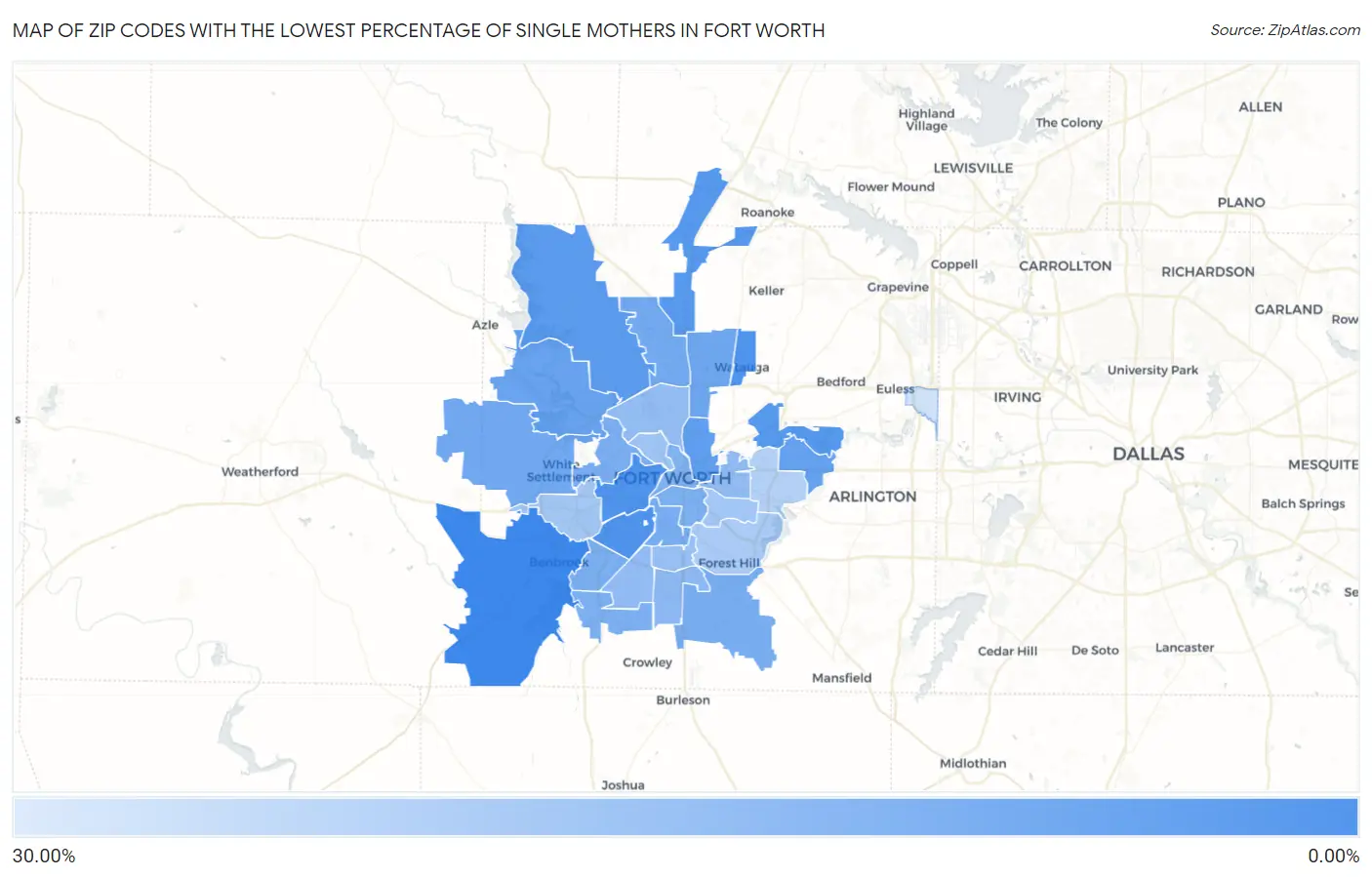 Zip Codes with the Lowest Percentage of Single Mothers in Fort Worth Map