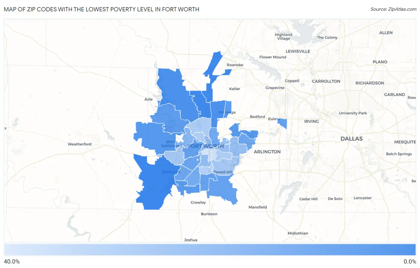 Zip Codes with the Lowest Poverty Level in Fort Worth Map