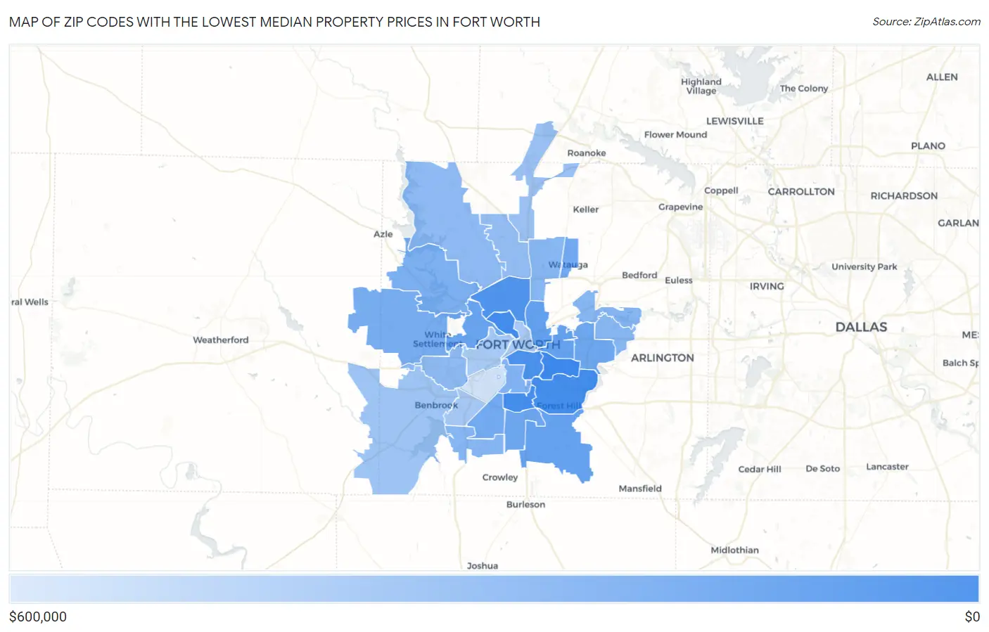 Zip Codes with the Lowest Median Property Prices in Fort Worth Map