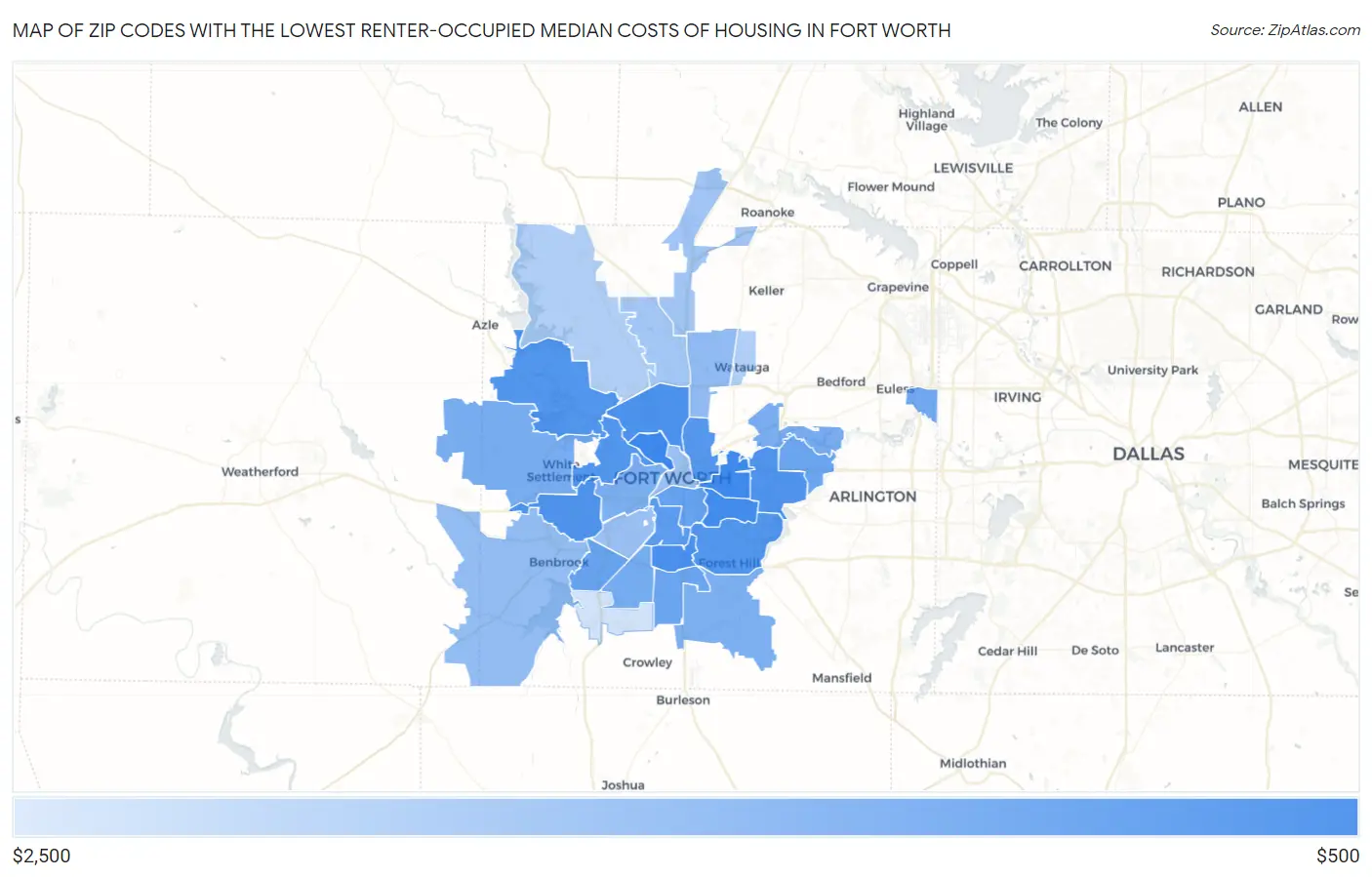 Zip Codes with the Lowest Renter-Occupied Median Costs of Housing in Fort Worth Map