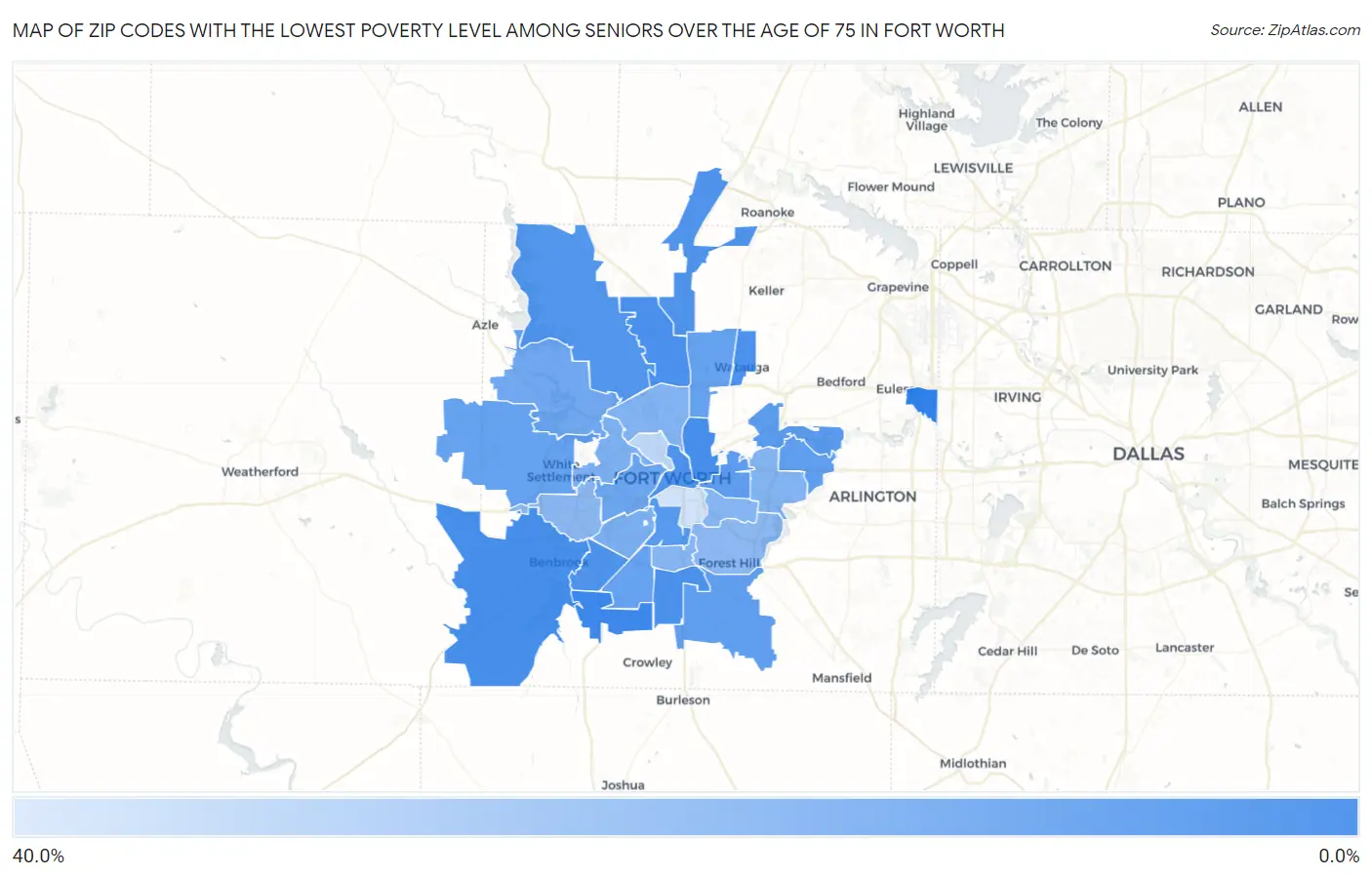 Zip Codes with the Lowest Poverty Level Among Seniors Over the Age of 75 in Fort Worth Map