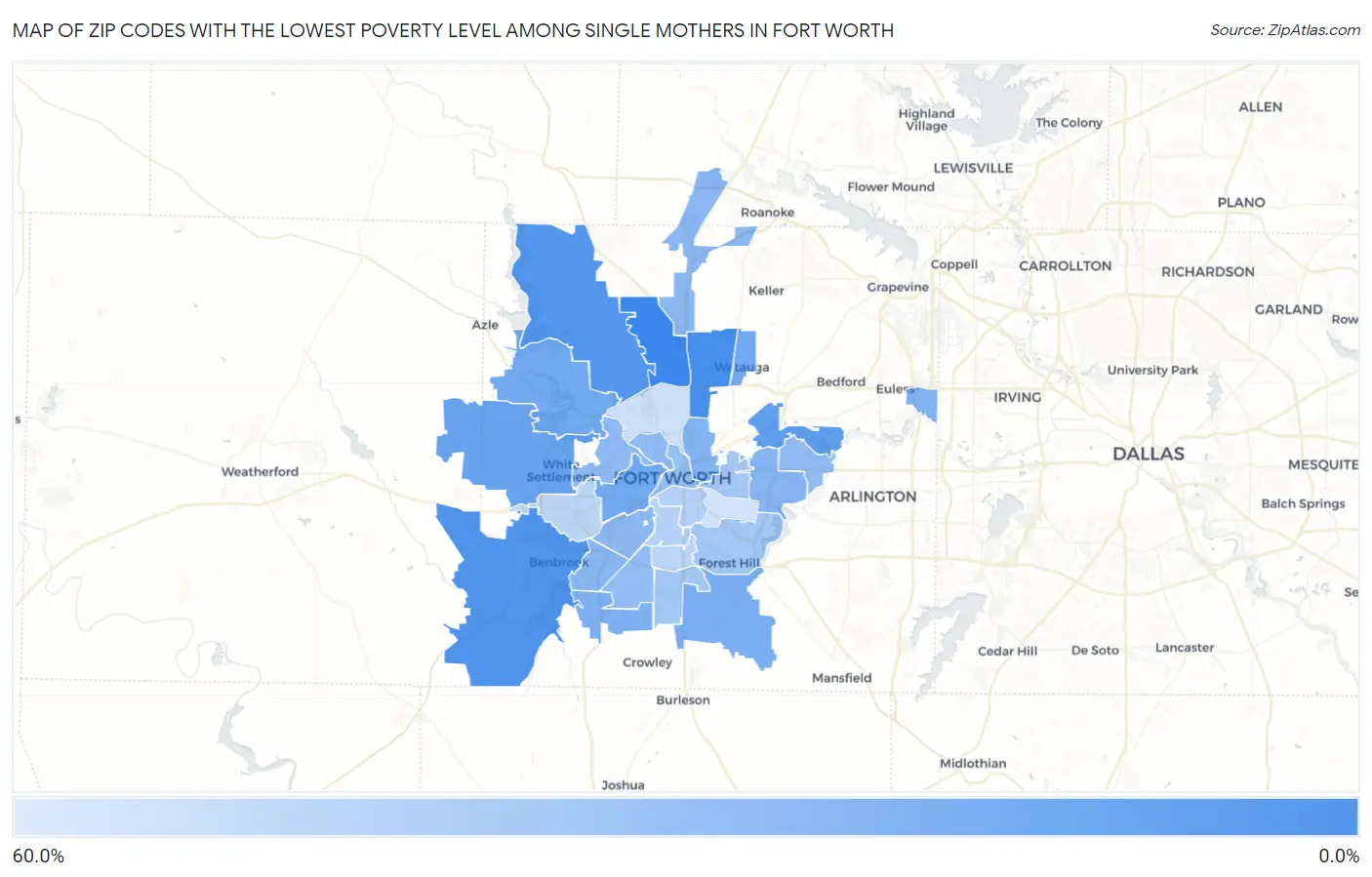 Zip Codes with the Lowest Poverty Level Among Single Mothers in Fort Worth Map