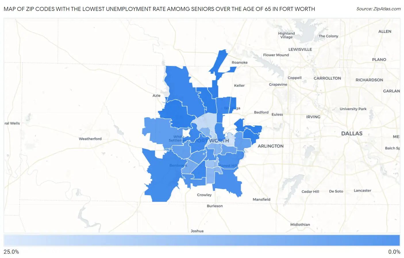 Zip Codes with the Lowest Unemployment Rate Amomg Seniors Over the Age of 65 in Fort Worth Map
