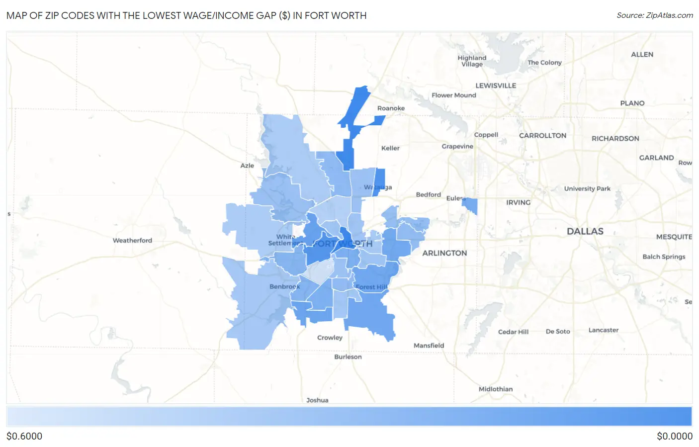 Zip Codes with the Lowest Wage/Income Gap ($) in Fort Worth Map