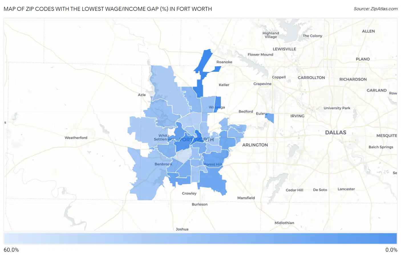 Zip Codes with the Lowest Wage/Income Gap (%) in Fort Worth Map