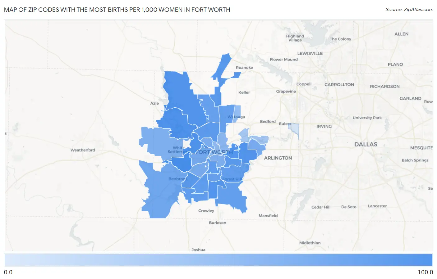 Zip Codes with the Most Births per 1,000 Women in Fort Worth Map