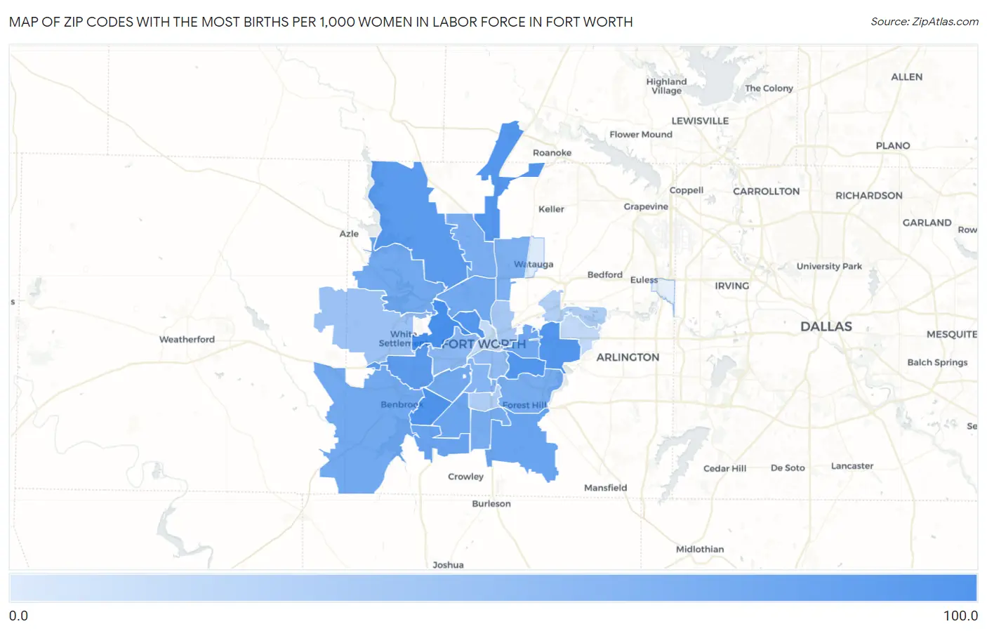 Zip Codes with the Most Births per 1,000 Women in Labor Force in Fort Worth Map