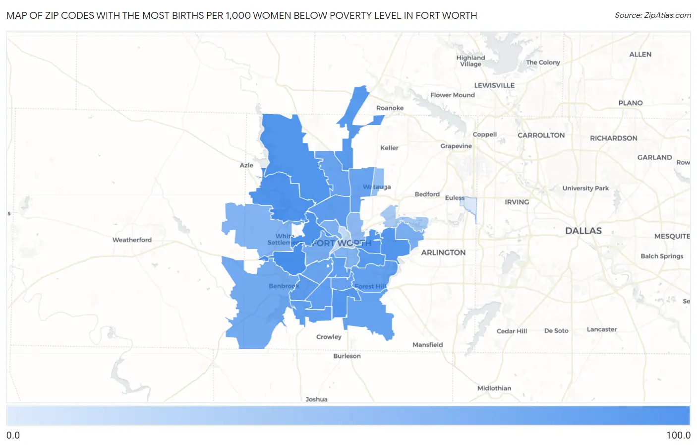 Zip Codes with the Most Births per 1,000 Women Below Poverty Level in Fort Worth Map