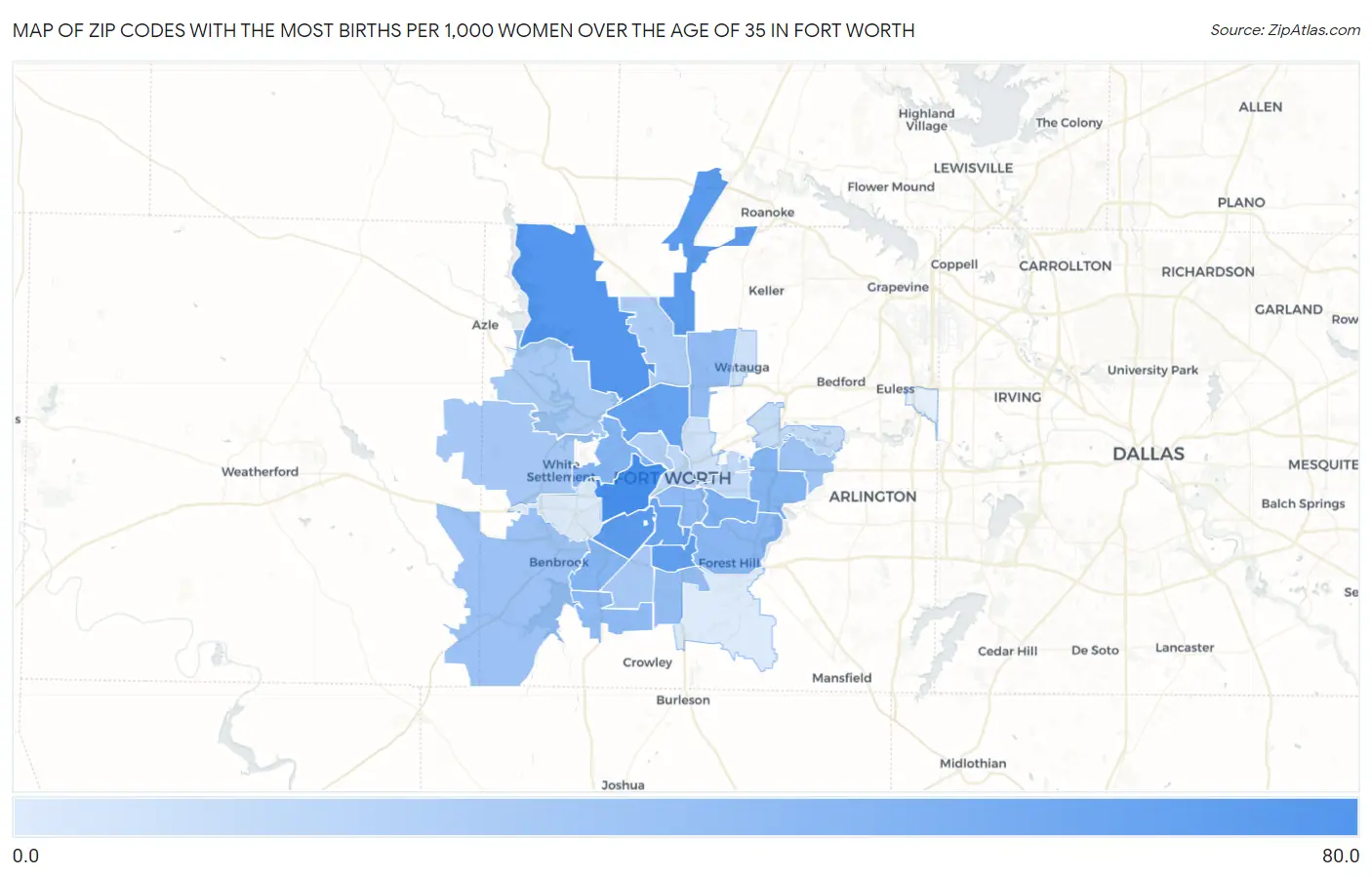 Zip Codes with the Most Births per 1,000 Women Over the Age of 35 in Fort Worth Map