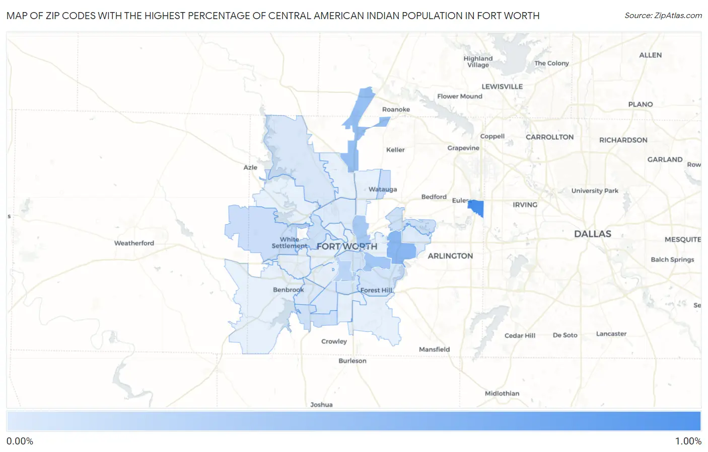 Zip Codes with the Highest Percentage of Central American Indian Population in Fort Worth Map