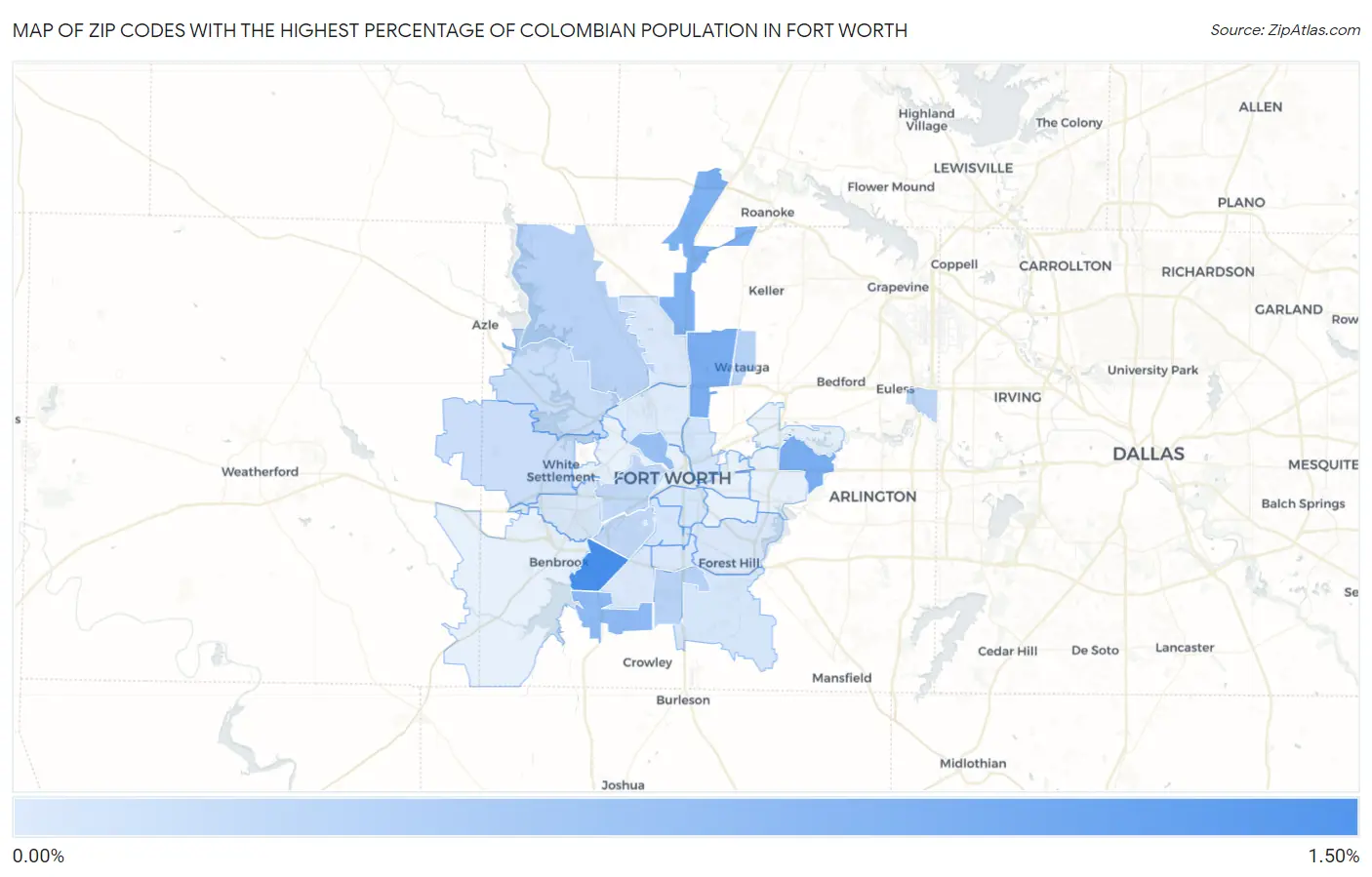 Zip Codes with the Highest Percentage of Colombian Population in Fort Worth Map