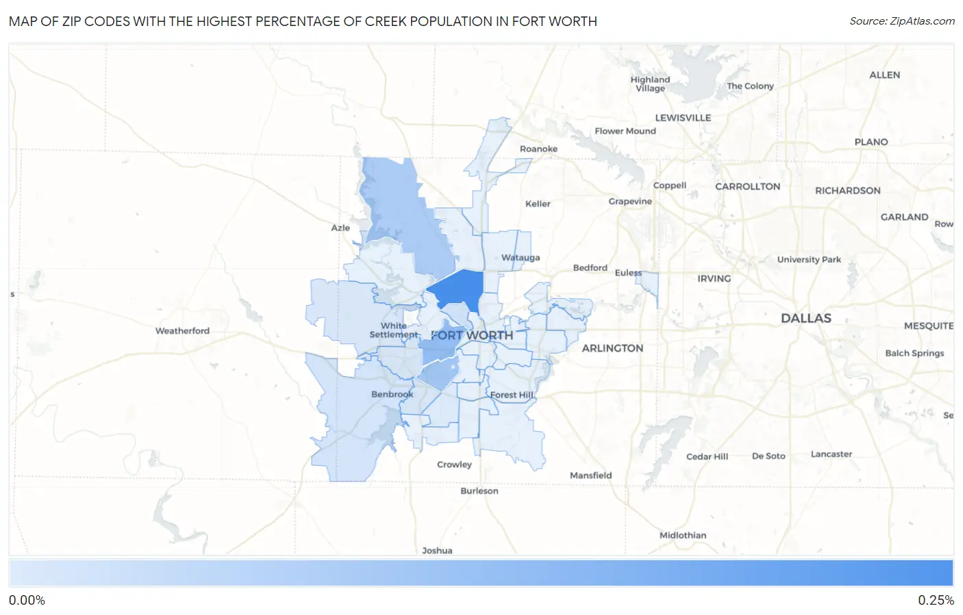 Zip Codes with the Highest Percentage of Creek Population in Fort Worth Map